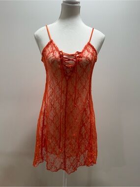 Orange Lace Slip Mini Dress with Lace-Up Front